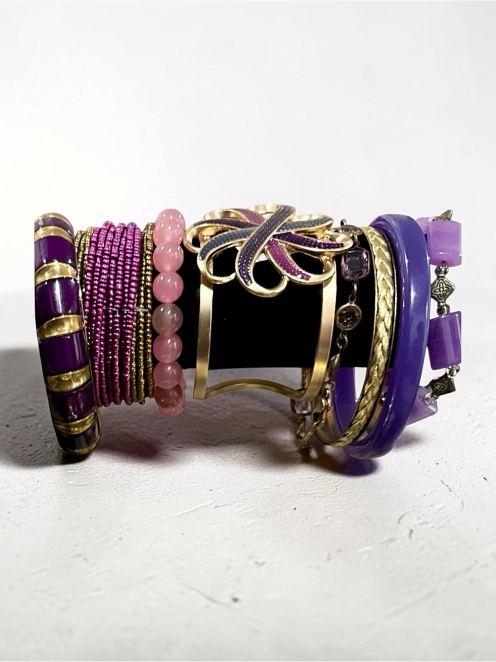 Vintage Boho Purple Gold Bracelet Lot Stack Cuffed Beaded Enamel Bangle Set 8pc - Picture 3 of 8
